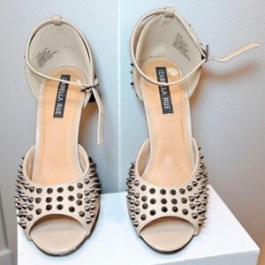 Izabella Rue Beige Studded Peep-Toe Ankle Strap Heels